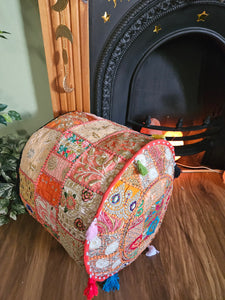 Patchwork indian pouffe for home storage www.karmaripon.co.uk