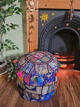 Load image into Gallery viewer, Patchwork indian pouffe for home storage www.karmaripon.co.uk