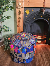 Load image into Gallery viewer, Patchwork indian pouffe for home storage www.karmaripon.co.uk