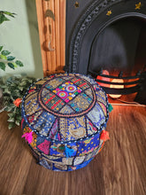Load image into Gallery viewer, Patchwork indian pouffe for home storage www.karmaripon.co.uk