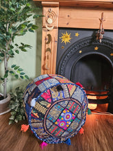 Load image into Gallery viewer, Patchwork indian pouffe for home storage www.karmaripon.co.uk