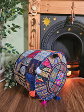 Load image into Gallery viewer, Patchwork indian pouffe for home storage www.karmaripon.co.uk