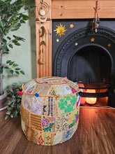 Load image into Gallery viewer, Patchwork indian pouffe for home storage www.karmaripon.co.uk