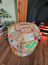 Load image into Gallery viewer, Patchwork indian pouffe for home storage www.karmaripon.co.uk