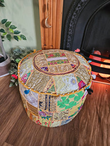 Patchwork indian pouffe for home storage www.karmaripon.co.uk