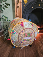 Load image into Gallery viewer, Patchwork indian pouffe for home storage www.karmaripon.co.uk