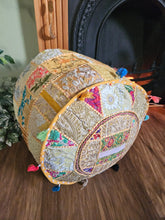 Load image into Gallery viewer, Patchwork indian pouffe for home storage www.karmaripon.co.uk