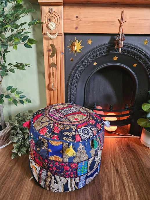 Patchwork indian pouffe for home storage www.karmaripon.co.uk
