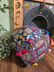 Patchwork indian pouffe for home storage www.karmaripon.co.uk