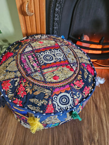 Patchwork indian pouffe for home storage www.karmaripon.co.uk