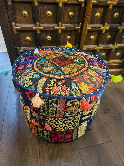 indian patchwork pouffe www.karmaripon.co.uk