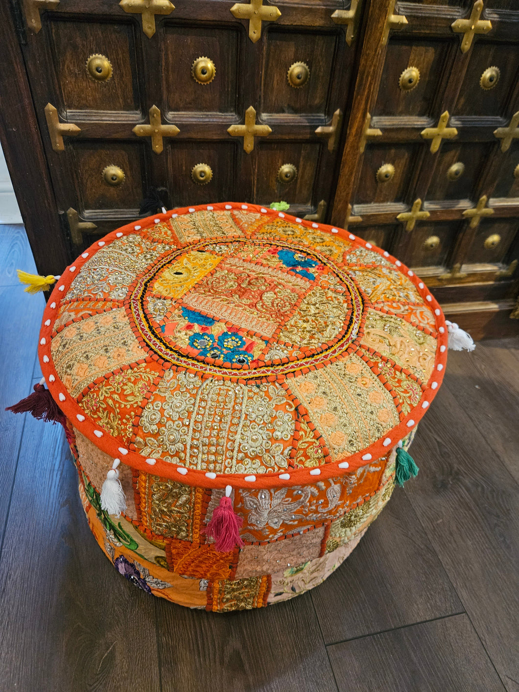indian patchwork pouffe www.karmaripon.co.uk