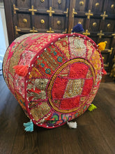 Load image into Gallery viewer, indian patchwork pouffe www.karmaripon.co.uk