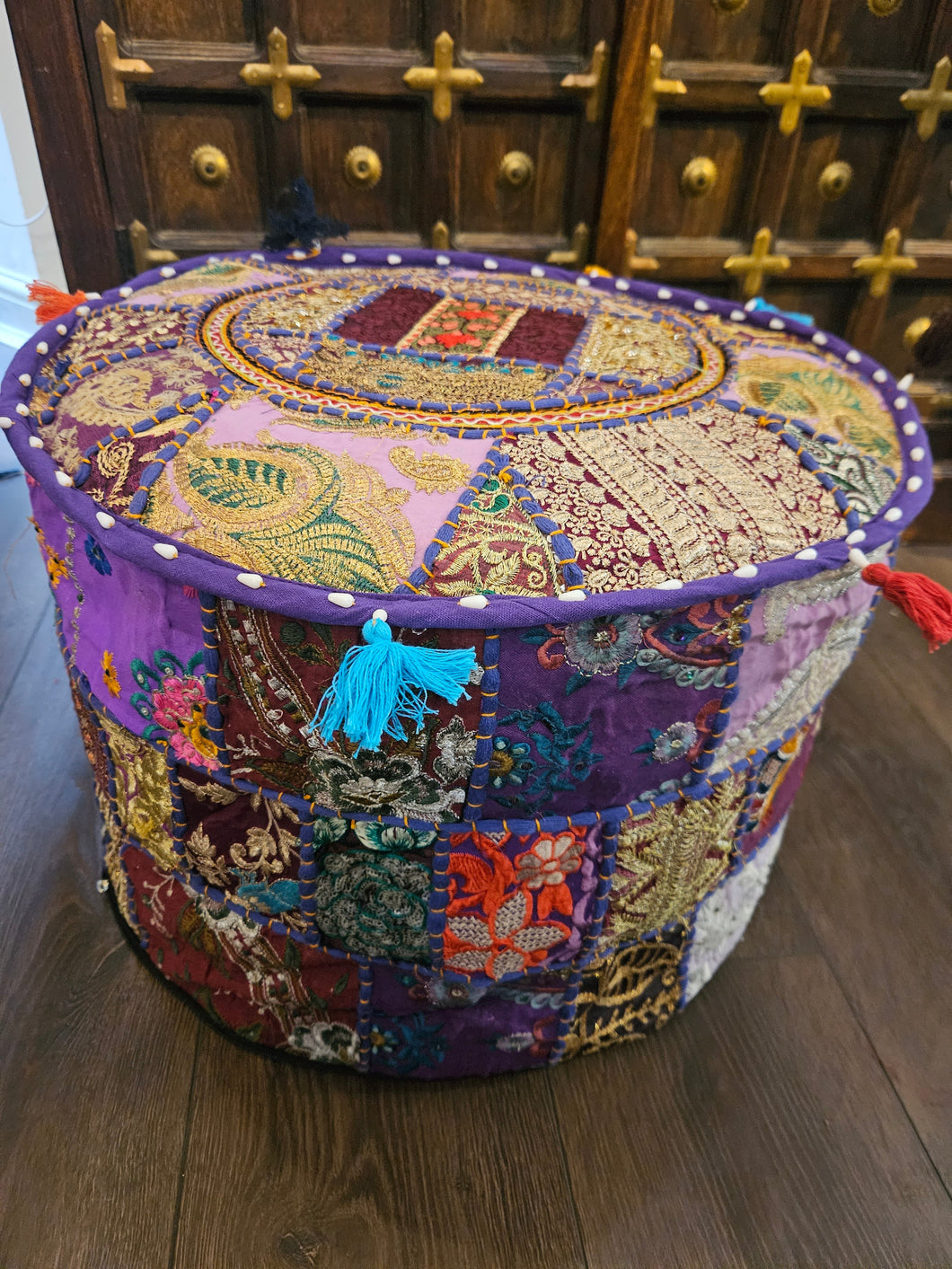 indian patchwork pouffe www.karmaripon.co.uk