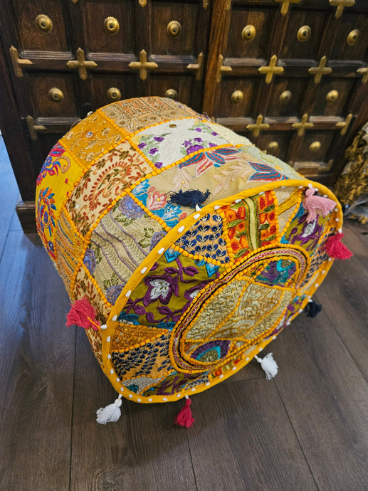 indian patchwork pouffe www.karmaripon.co.uk