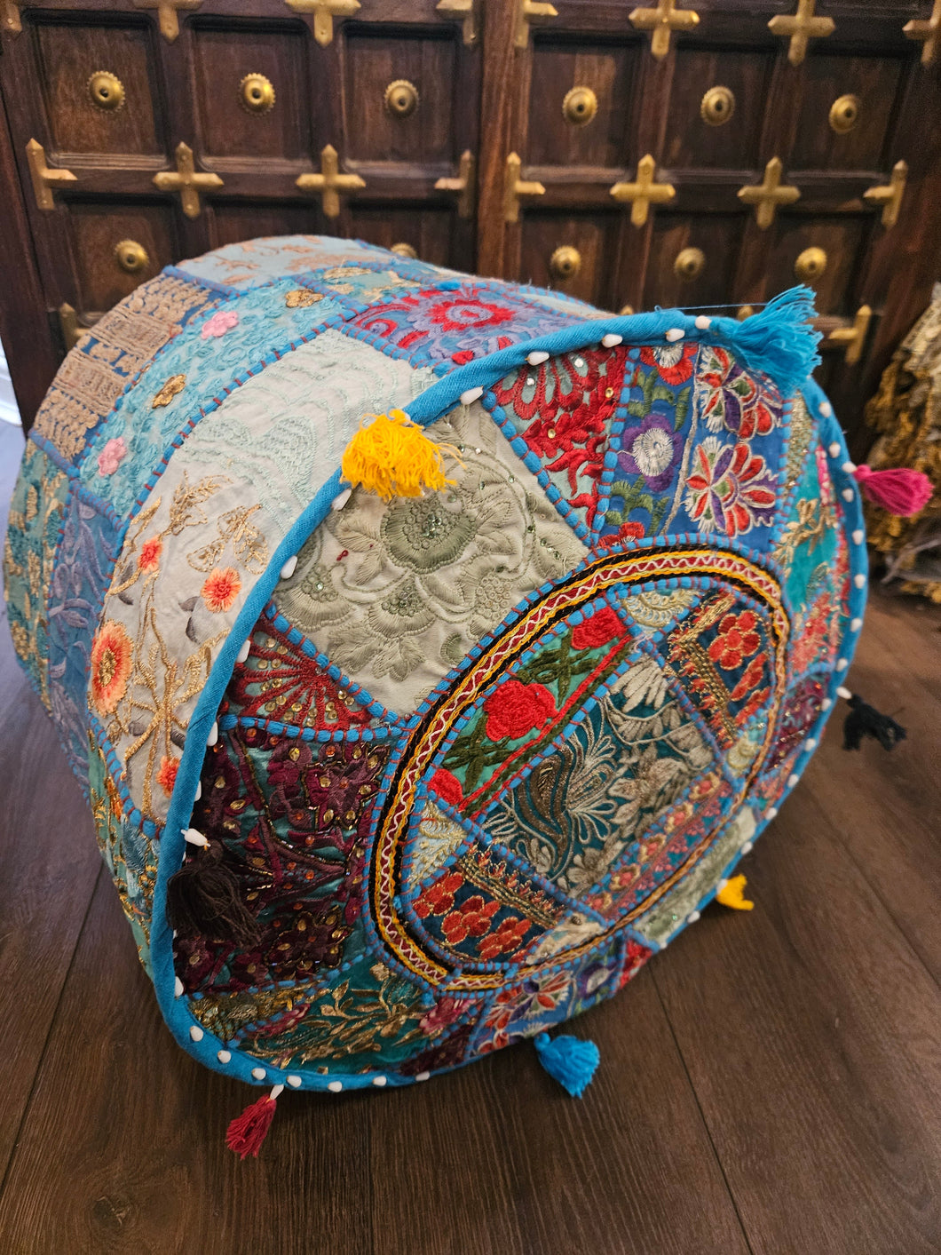 indian patchwork pouffe www.karmaripon.co.uk