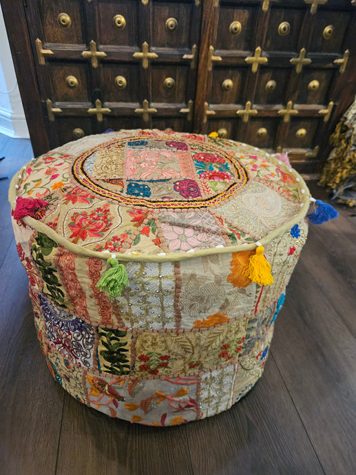 indian patchwork pouffe www.karmaripon.co.uk