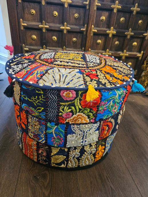 indian patchwork pouffe www.karmaripon.co.uk