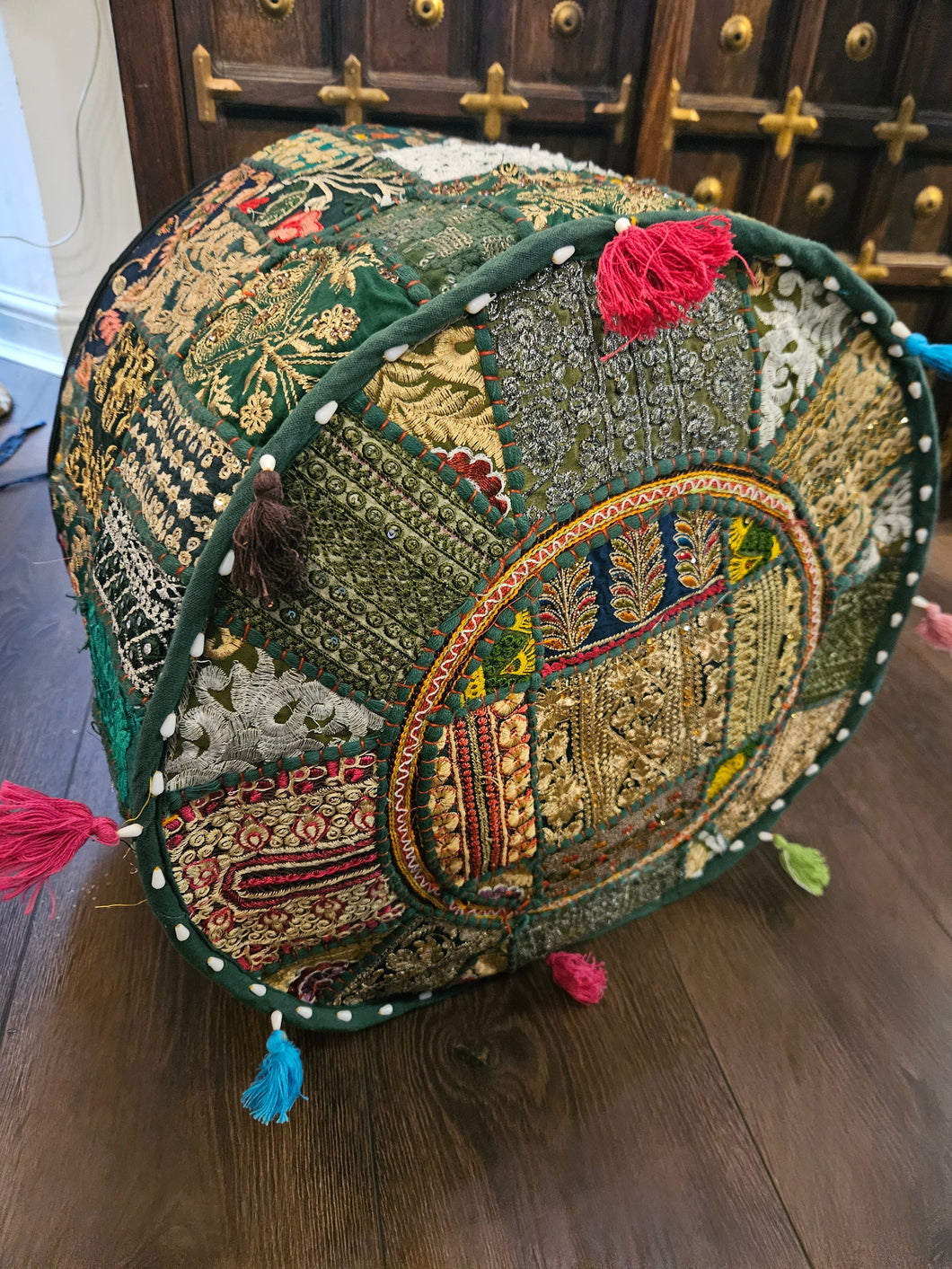 indian patchwork pouffe www.karmaripon.co.uk