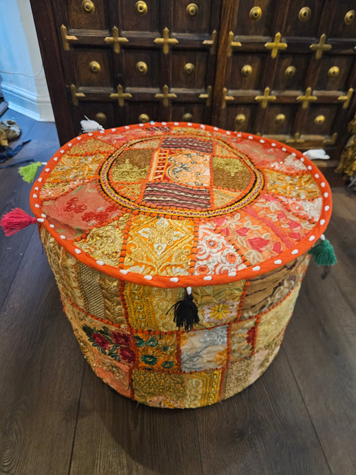 indian patchwork pouffe www.karmaripon.co.uk