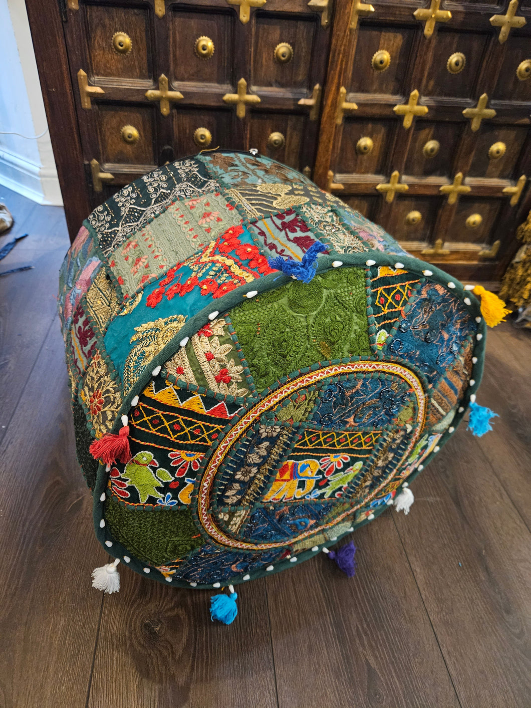 indian patchwork pouffe www.karmaripon.co.uk