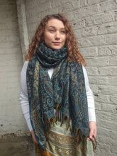 Load image into Gallery viewer, Cosy Large Indian Shawl With Tassels Blue