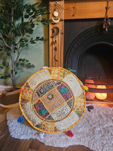 Load image into Gallery viewer, Yellow Indian Pouffe www.karmaripon.co.uk