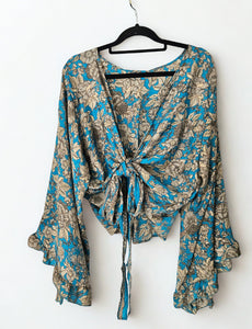 Blue Repurposed Sari Butterfly Top UK 14-18