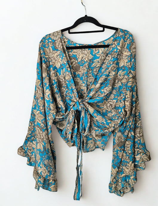 Blue Repurposed Sari Butterfly Top UK 14-18
