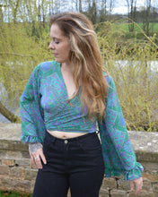 Load image into Gallery viewer, Blue Repurposed Sari Butterfly Top www.karmaripon.co.uk